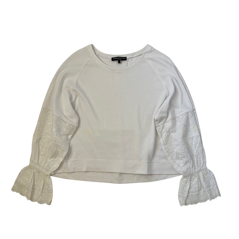 Generation Love White Eyelet Lace Sleeve Lightweight Sweater - Size M